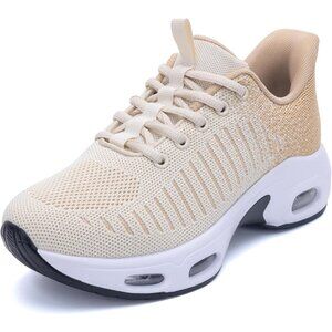 Women Beige Slip-On Running Shoes Tennis Sneakers with Arch Support for Workout